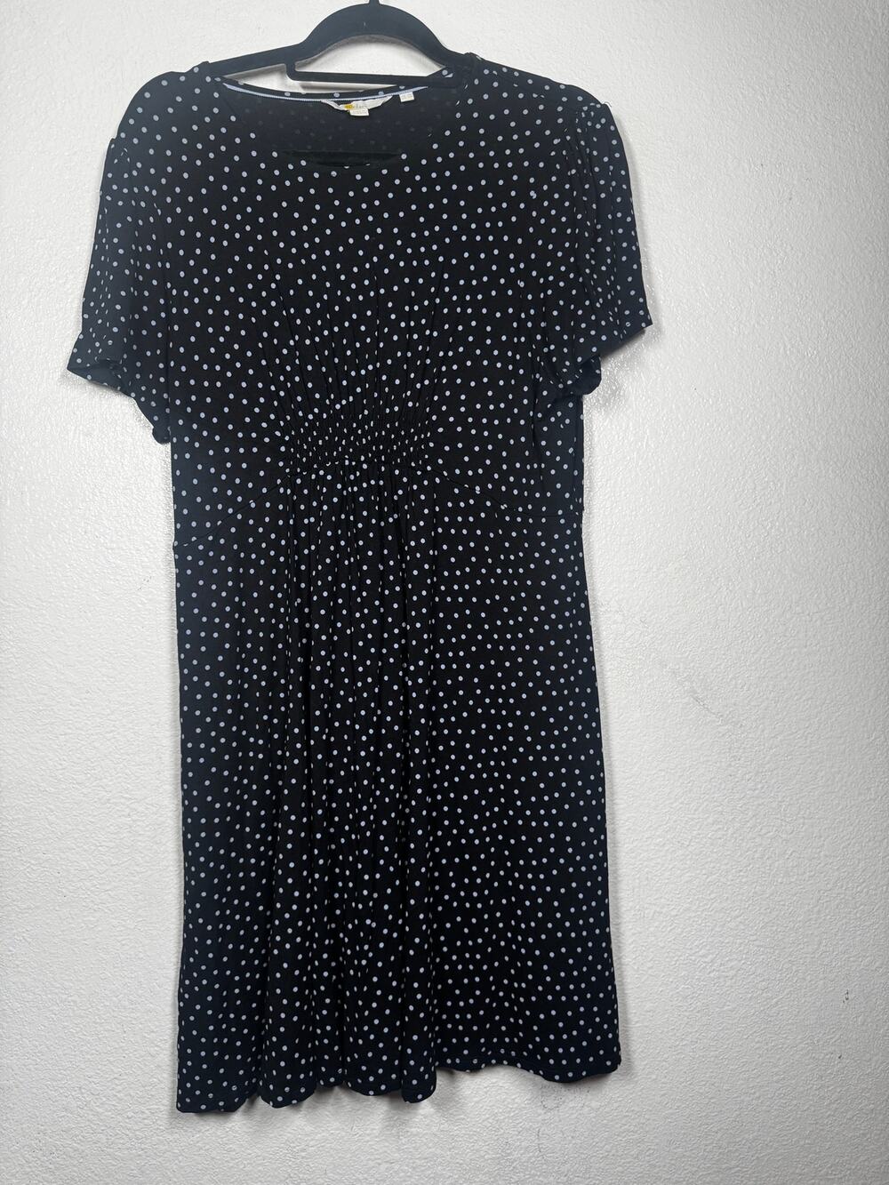 Boden A-Line Dress Black Blue Sz 14 Polka Dot Smocked